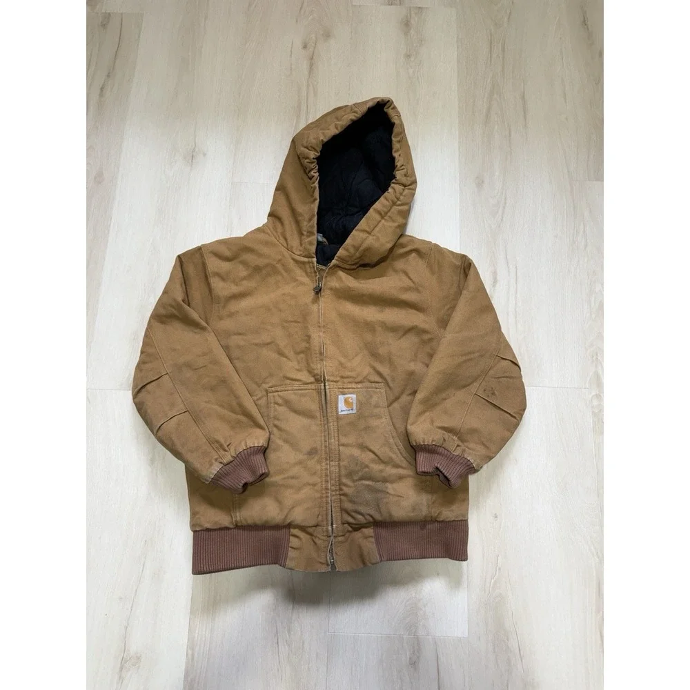 Carhartt Kids Active Jacket Brown Cotton Duck Quilted Lined Hooded M 10-12 Coat